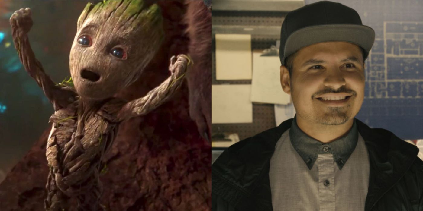 Split image of Baby Groot and Luis in the MCU
