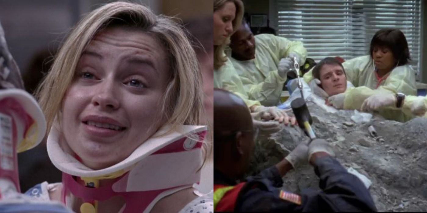 Split image showing Bonnie boding with her fellow train crash victim and surgeons saving Andrew in Grey's Anatomy