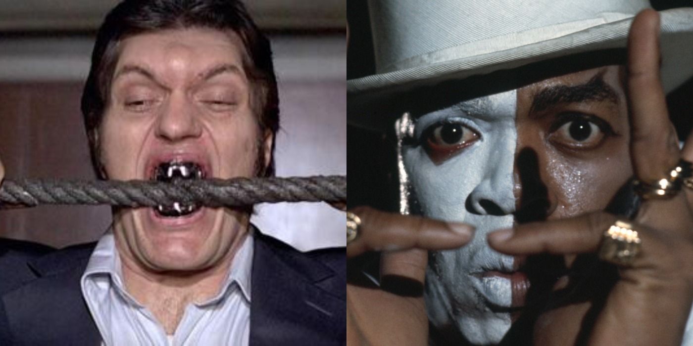 Split image showing Jaws biting a rope and Baron Samedi performing a magic trick
