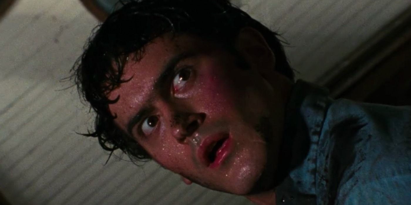 Ash drenched in sweat in the first Evil Dead film.