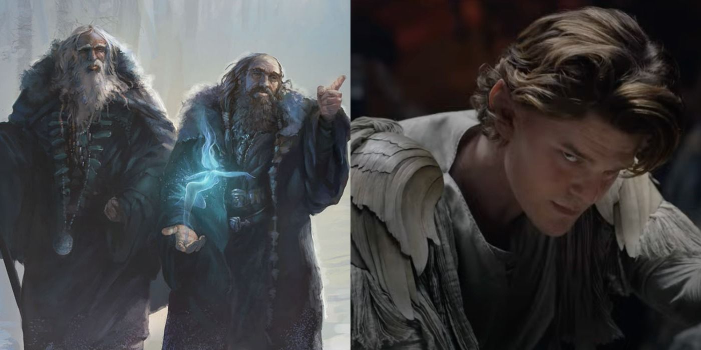A split image of the blue wizards (left) and Elrond from the Rings of Power Trailer (right).