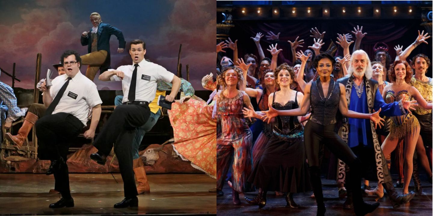 Split image showing the casts of The Book of Mormon and Pippin performing on stage.