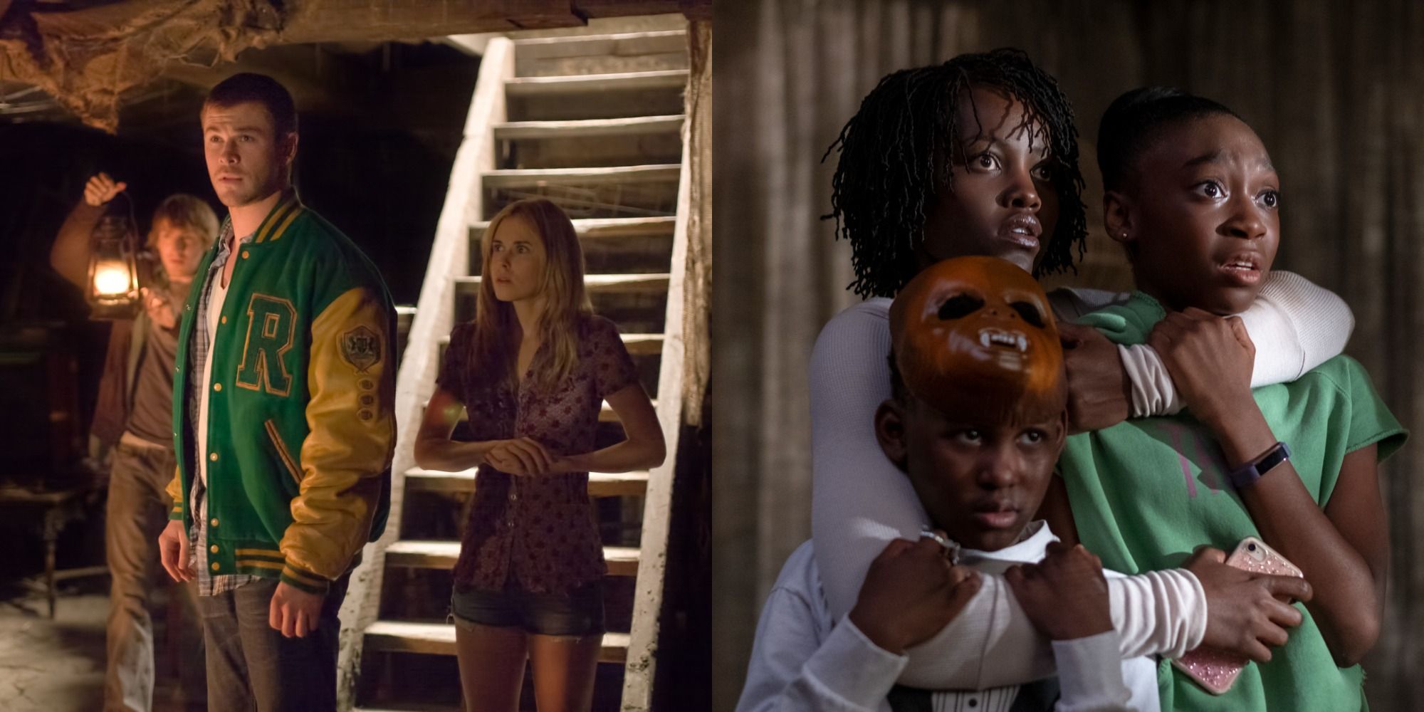 Split image showing characters from The Cabin in the Woods and Us.