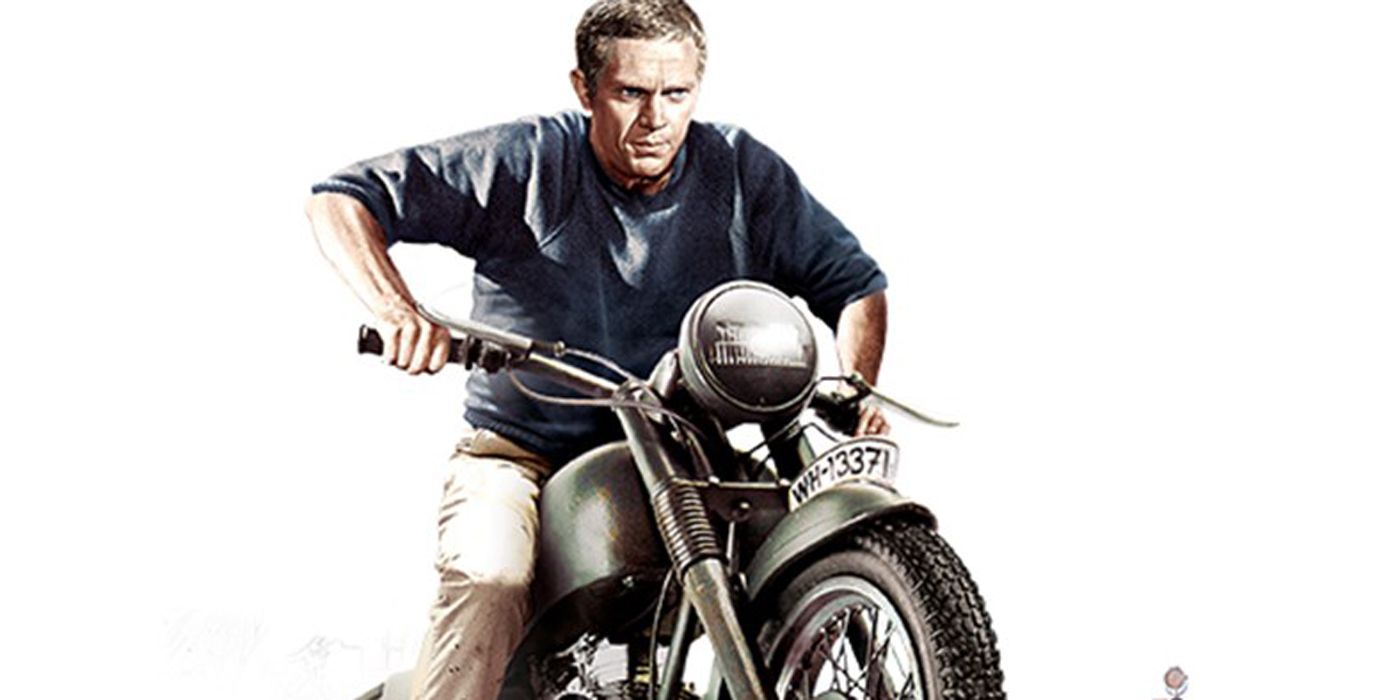 The Cooler King on his motorcycle in The Great Escape.