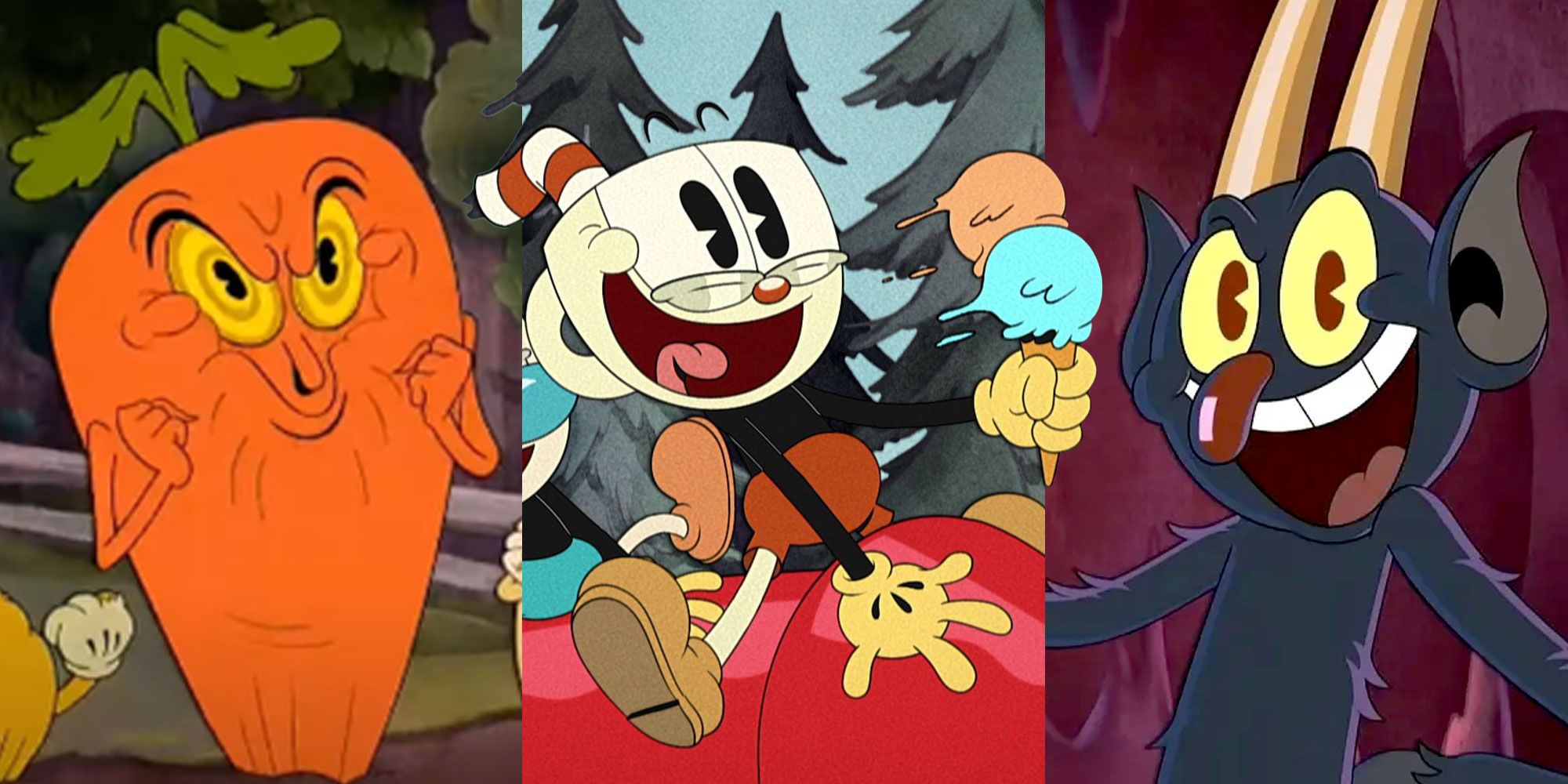 A split image of several characters from the Cuphead game and series.