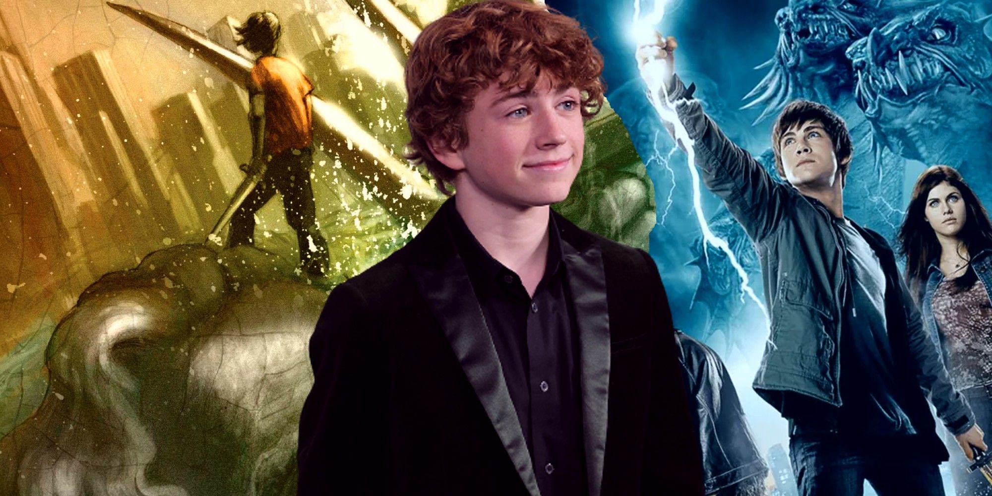 Blended image of the Disney+ Percy Jackson (movie and book)
