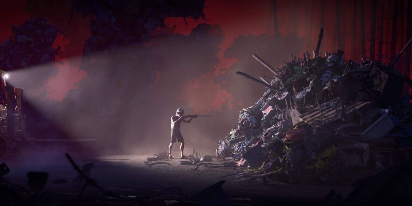 Dave aiming his gun at Otto in The Dump in Love Death and Robots