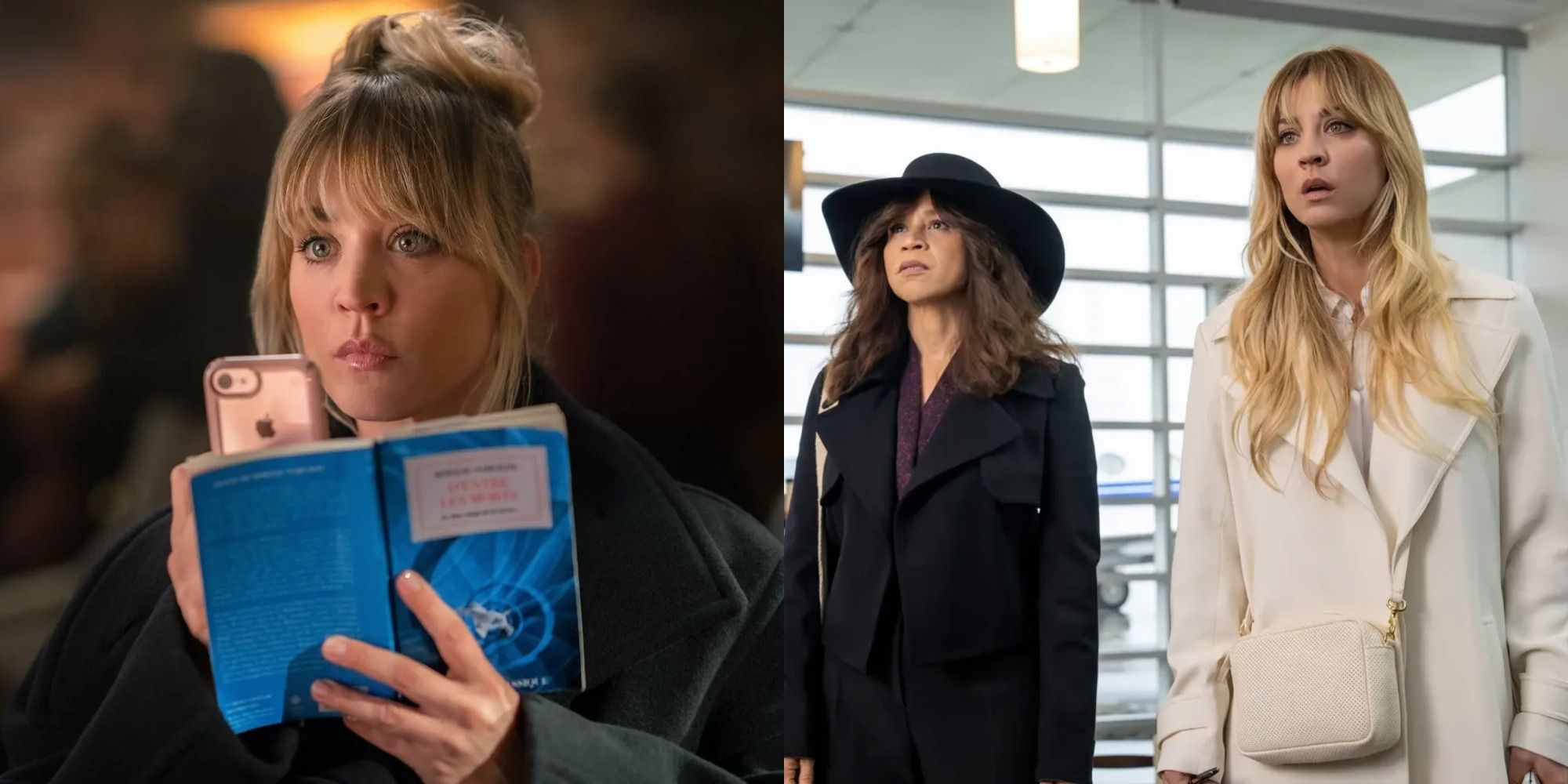 Split image showing Cassie alone and with Megan in The Flight Attendant.