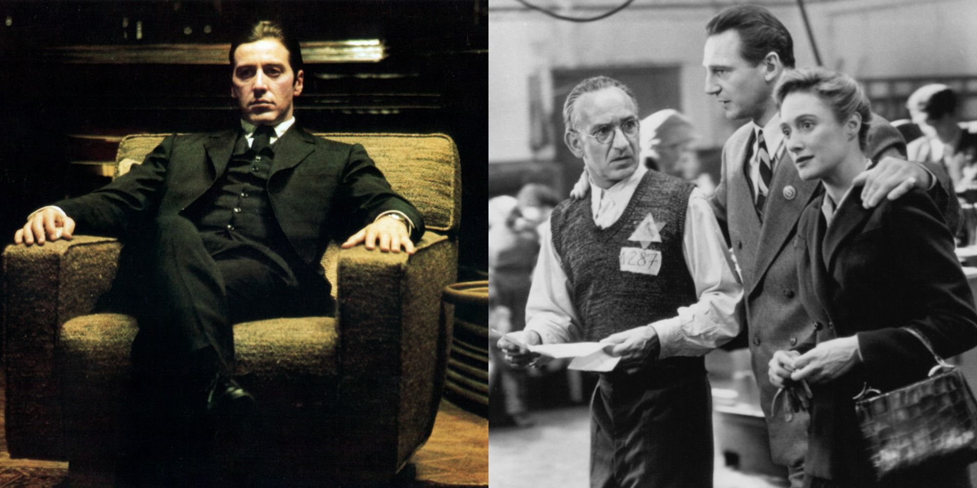 Split image showing Michael Corleone in The Godfather Part II and Oskar Schidler in Schindler's List.