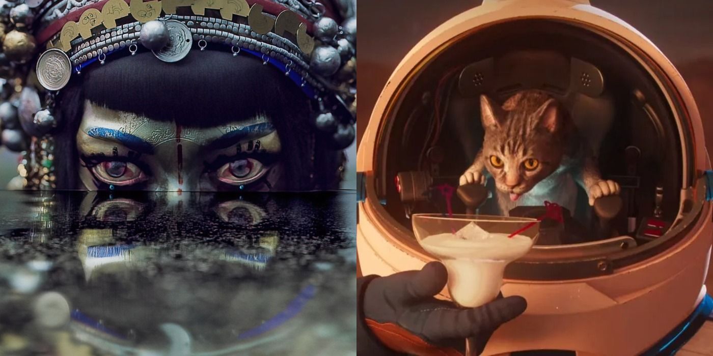 A split image showing the Golden Woman and the cat from Love Death and Robots.