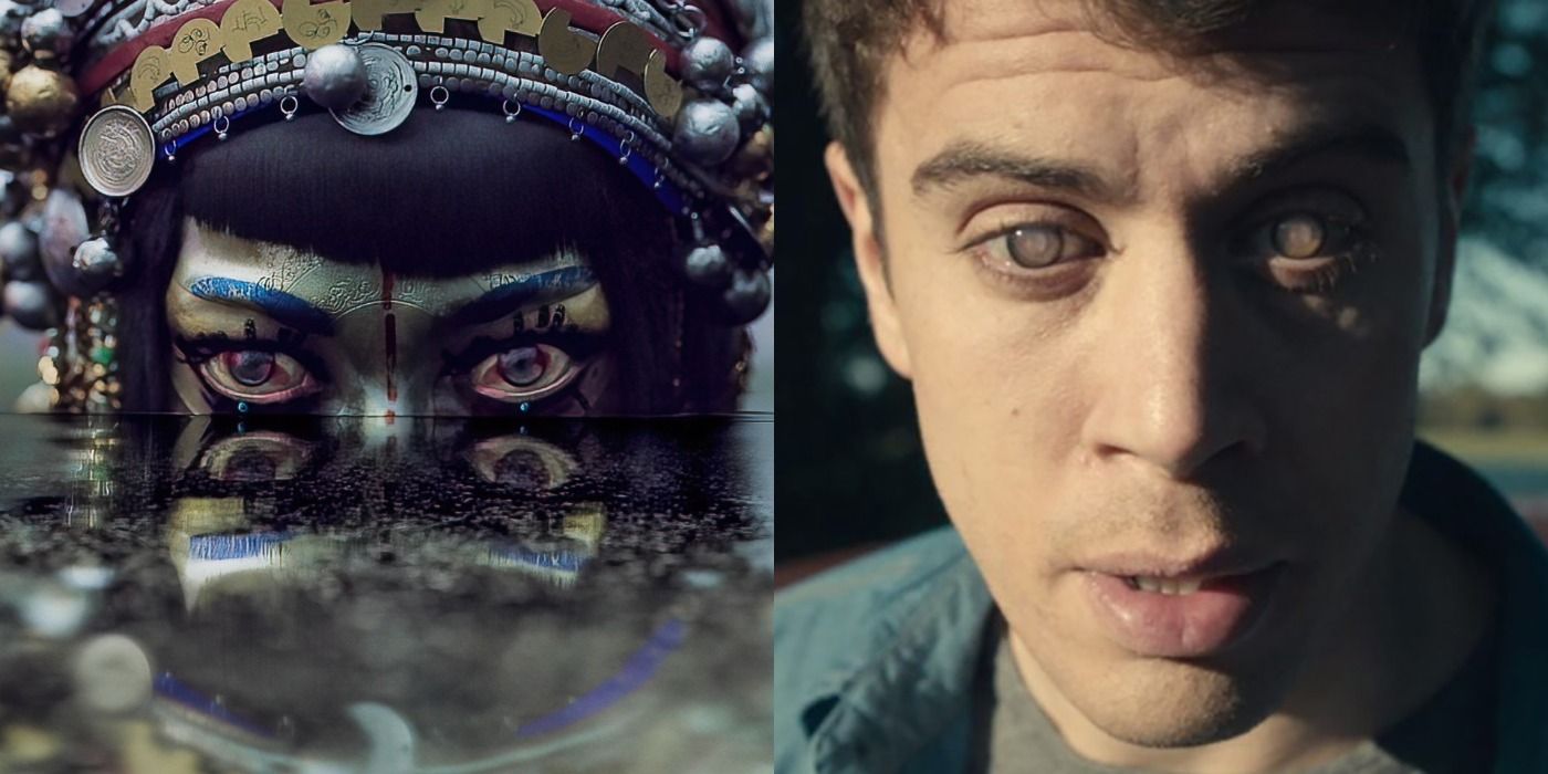 A split image showing the Golden Woman from Love Death and Robots and a man from Black Mirror.