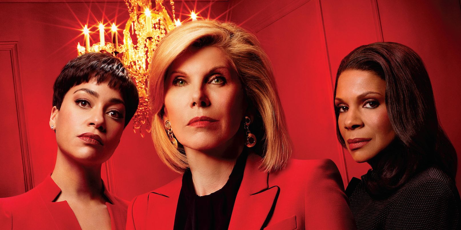 Diane, Liz and Lucca standing in front of a red background in The Good Fight.