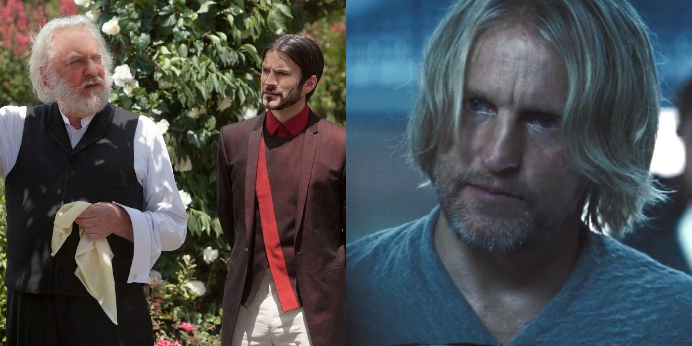 A split image showing President Snow and Seneca Crane talking on the left and Haymitch looking serious on the right, both from The Hunger Games