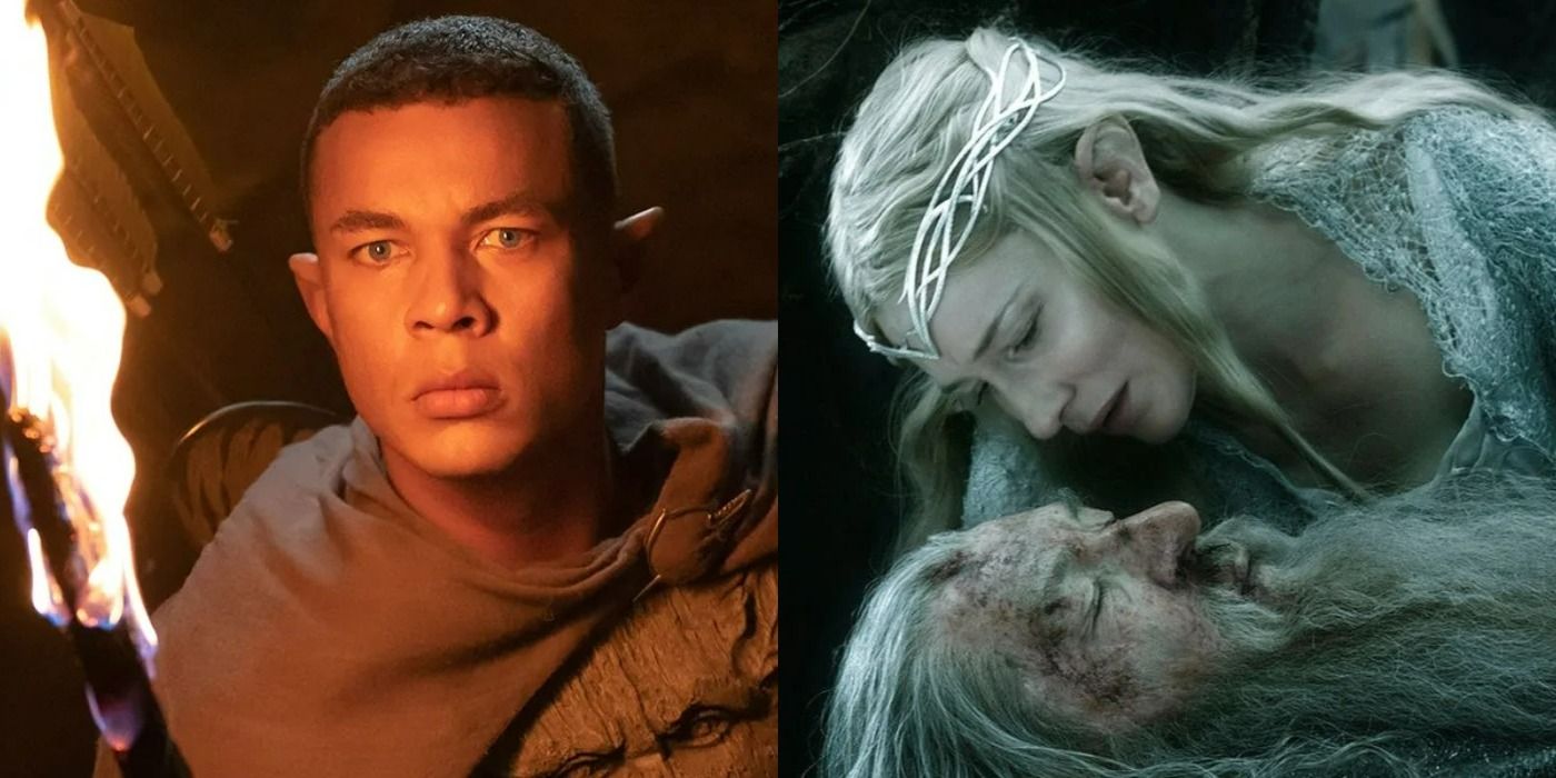 A split image showing Arondir from Rings of Power on the left and Galadriel leaning over Gandalf in The Hobbit on the right