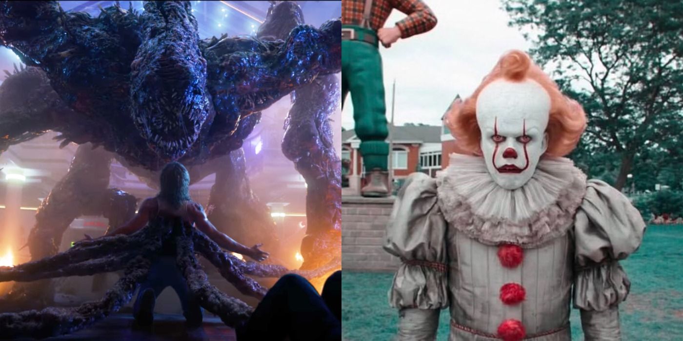 The Mind Flayer holding Billy in the Starcourt Mall and Pennywise in the Derry town square