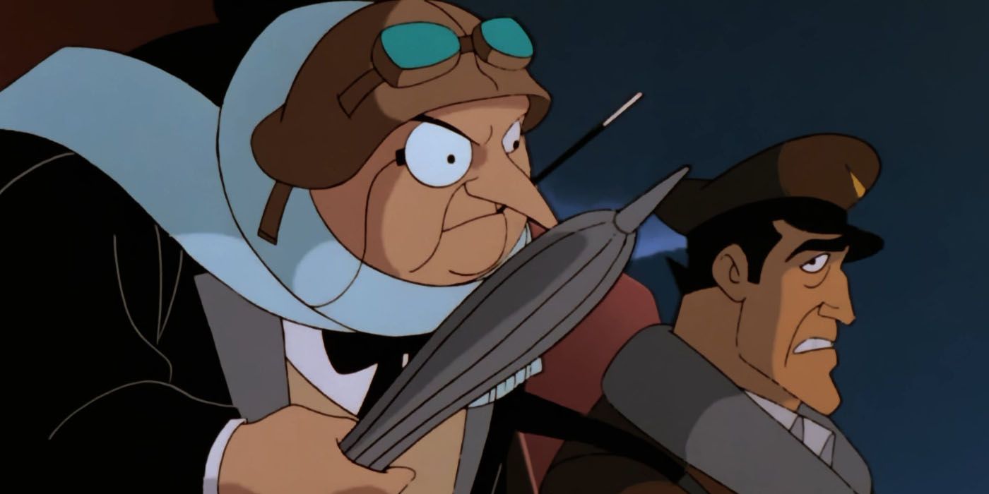 The Penguin in an aviator helmet and a pilot in Batman The Animated Series