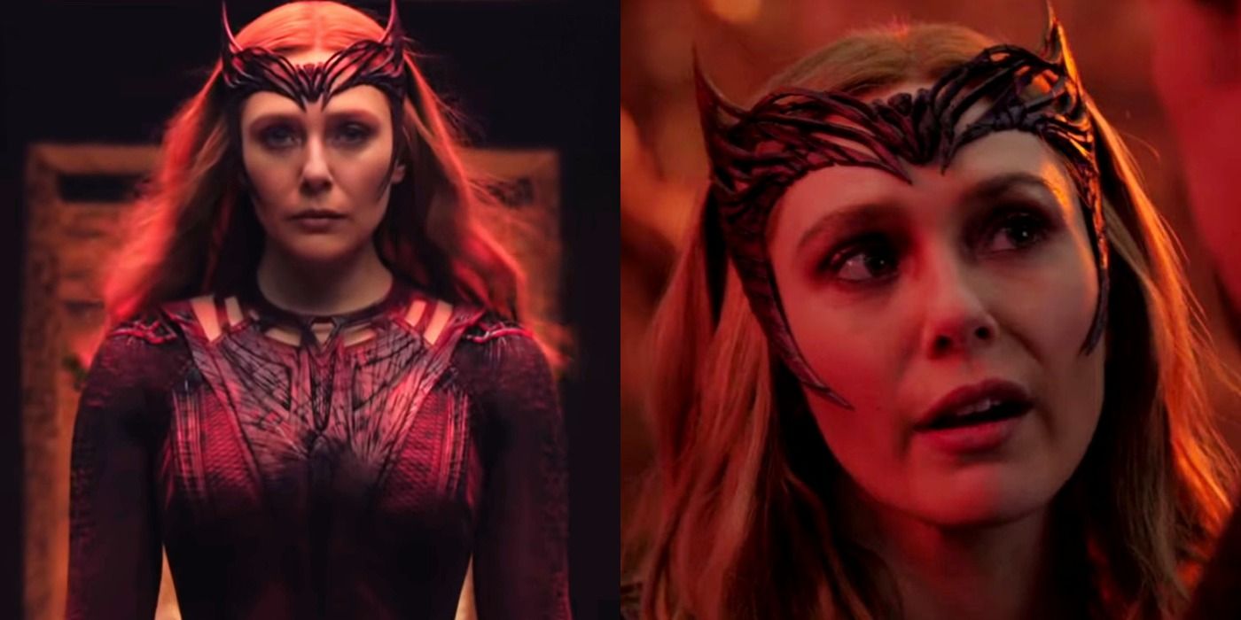 A split image showing the Scarlet Witch in Doctor Strange 2.