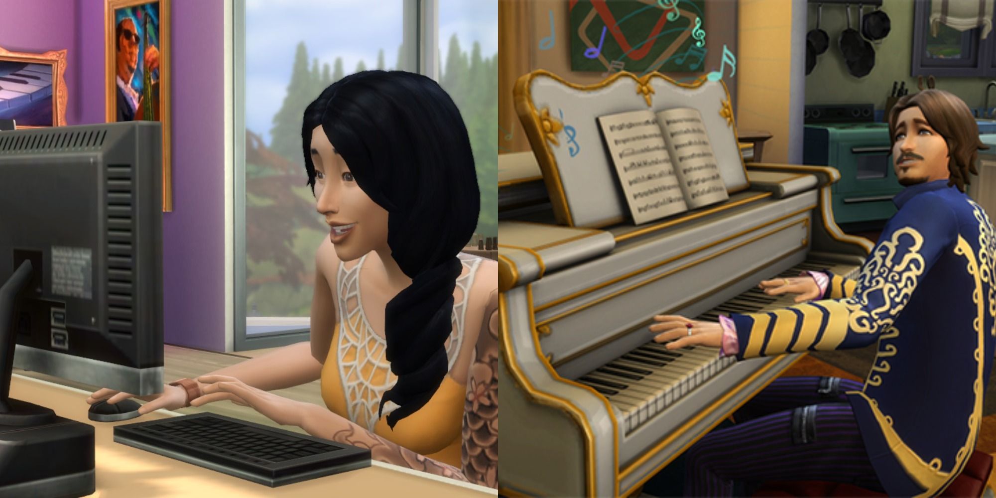 Split image showing a sim on a computer and one playing piano in The Sims 4.