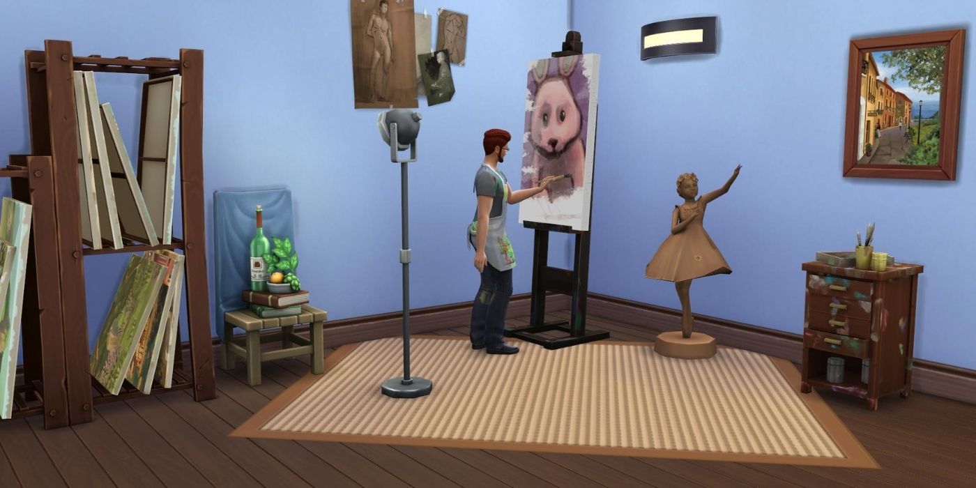 A male sim painting in The Sims 4.