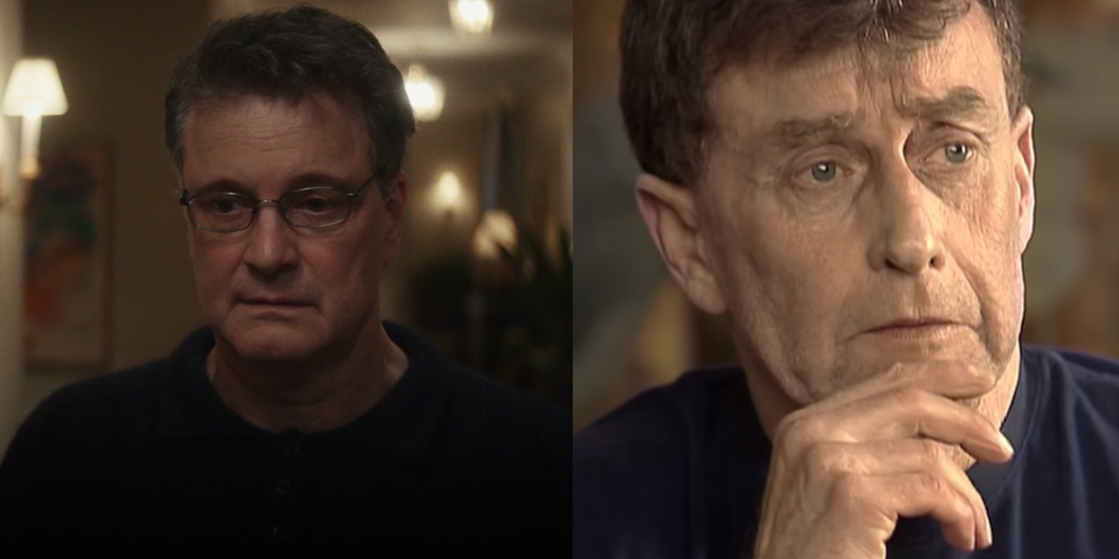 a split screen of Michael Peterson and Colin Firth from The Staircase.