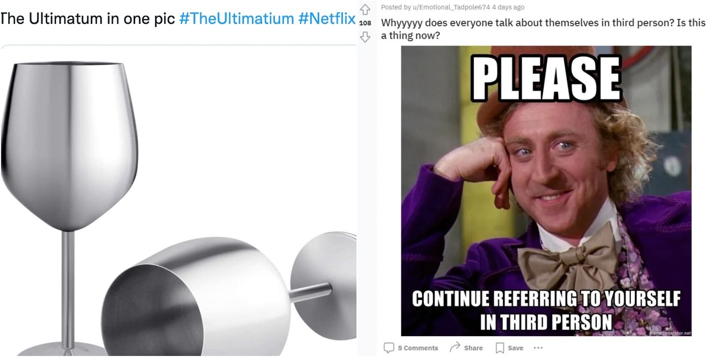 Split image of The Ultimatum memes about drinking glasses and third person speaking