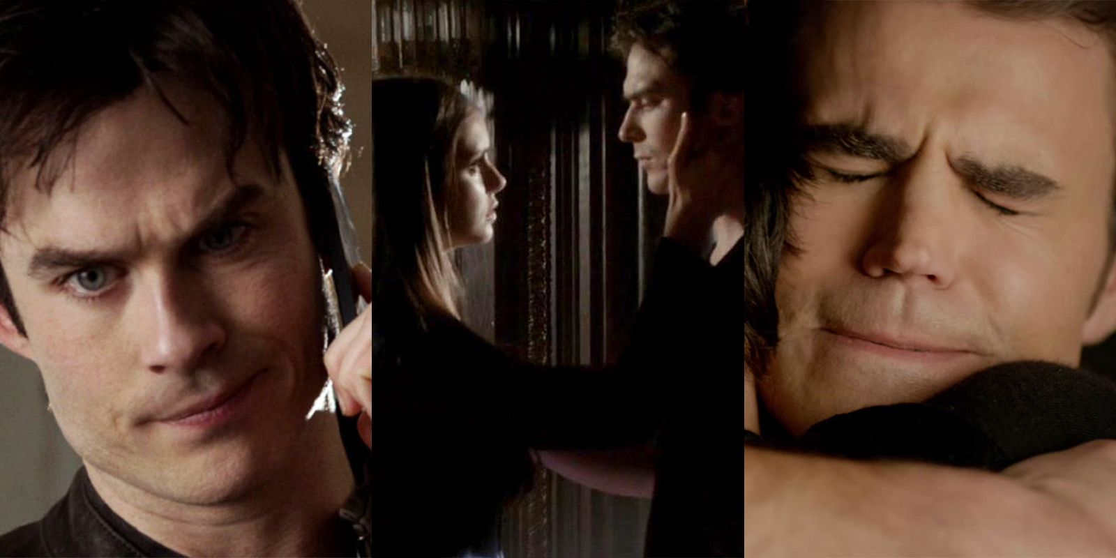 Split image of Damon on the phone, Elena holding Damon's face, and Stefan hugging Damon in The Vampire Diaries.