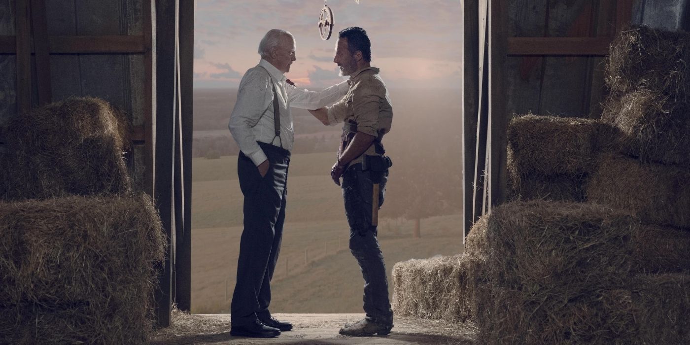 Rick and Hershel at a barn talking in TWD.