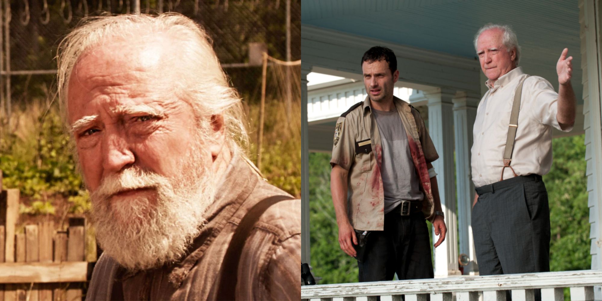 Split image showing Hershel alone and with Rick in TWD.