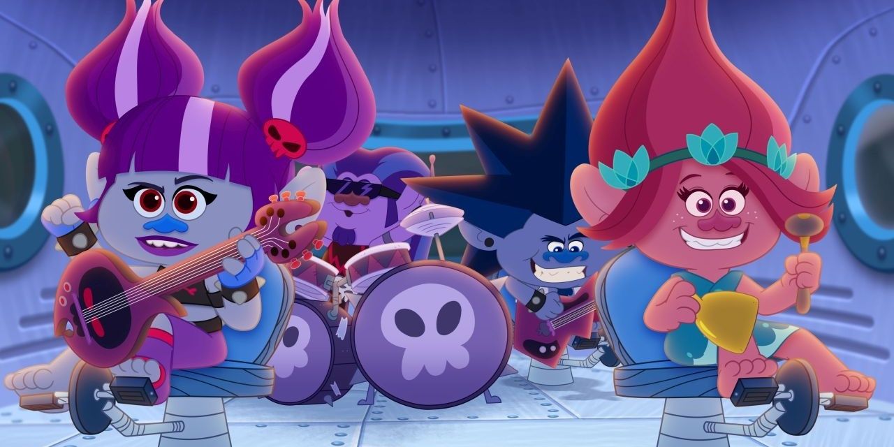 The characters of Trollstopia sitting and playing music together Cropped