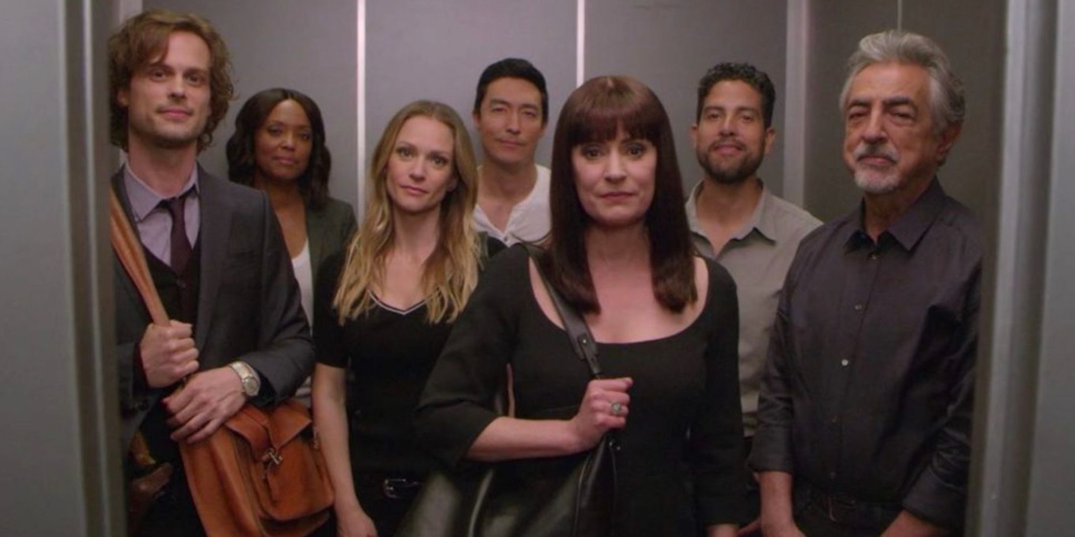 The final team in the elevator together in the Criminal Minds series finale