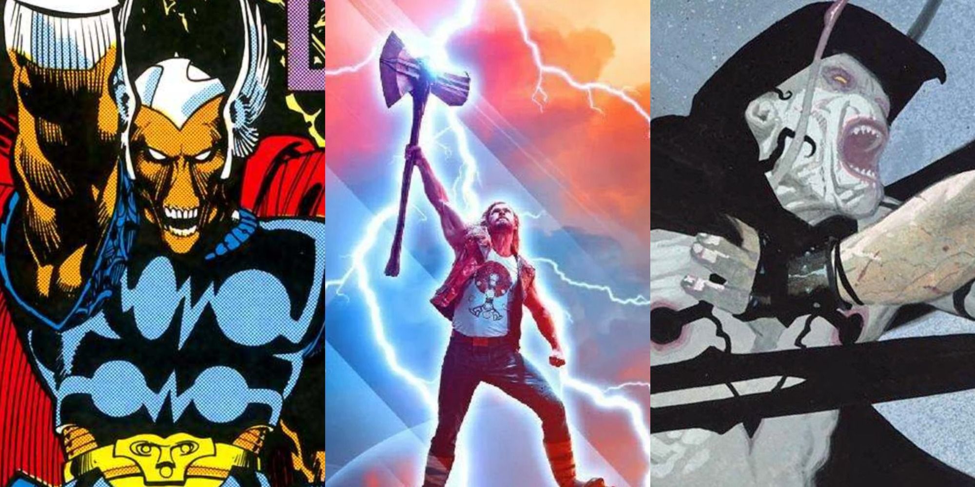 Split image of Beta Ray Bill from Marvel Comics, Thor from Thor: Love and Thunder poster, and Gorr the God Butcher from Marvel Comics.