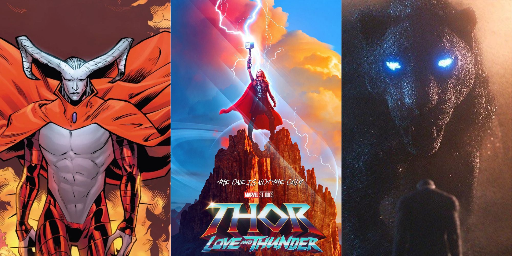 A split image of Chthon, Bast, and the Thor: Love and Thunder poster