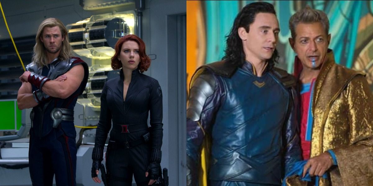 Split image: Thor and Natasha at Shield headquarters in Avengers and Loki standing with the Grandmaster in Thor: Ragnarok