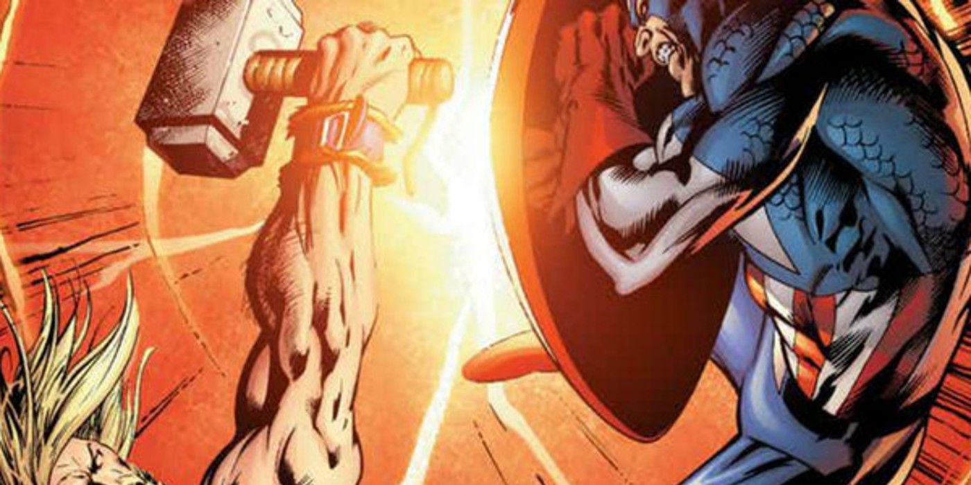 Thor hits Captain America&rsquo;s Shield.