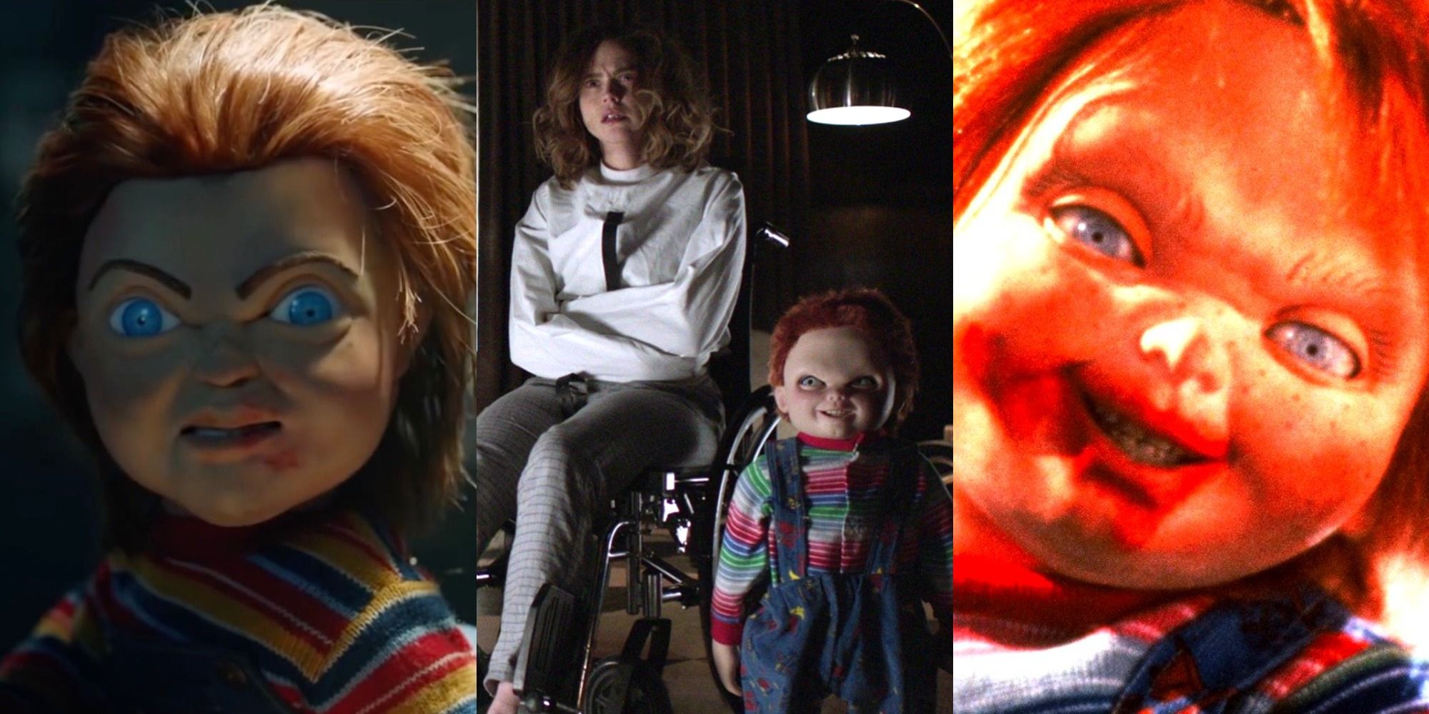 Three images of Chucky side by side