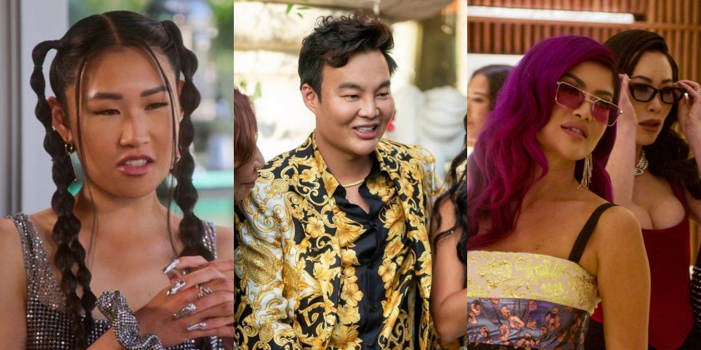 Three split images of Bling Empire cast in different scenes
