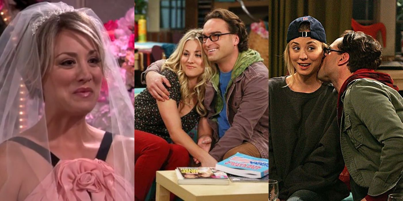Three split images of Penny and Leonard from TBBT