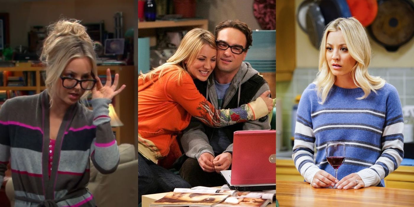 Three split images of Penny and Leonard in different scenes on TBBT