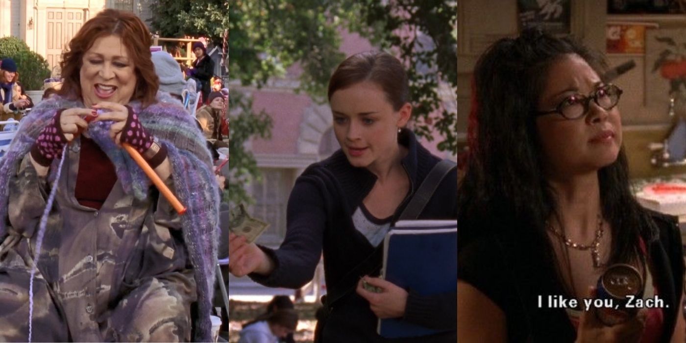 Three split images of the characters from Gilmore Girls in different scenes