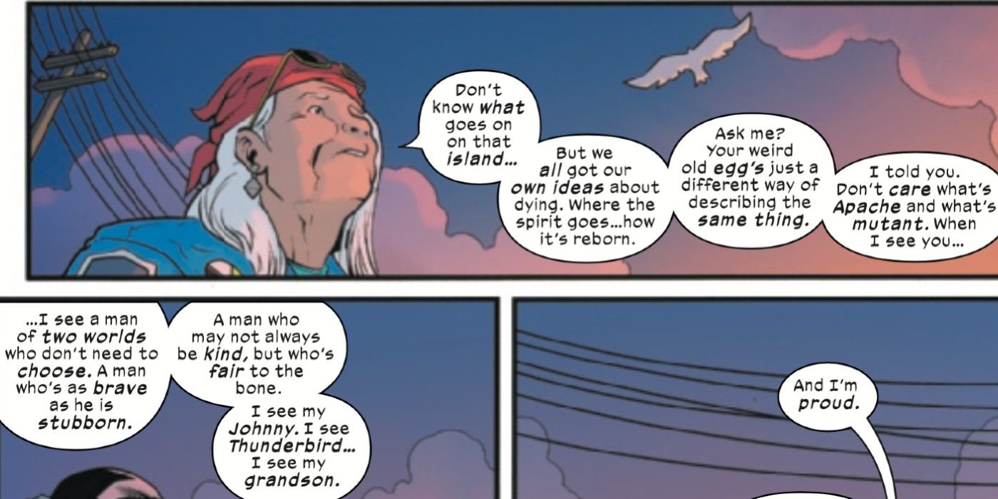 Thunderbird and his grandmother talk about being Apache and mutant in Giant-Size X-Men Thunderbird #1.