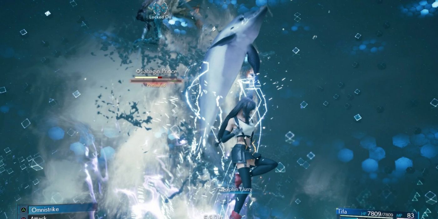 Tifa doing the dolphin flurry move in Final Fantasy 7
