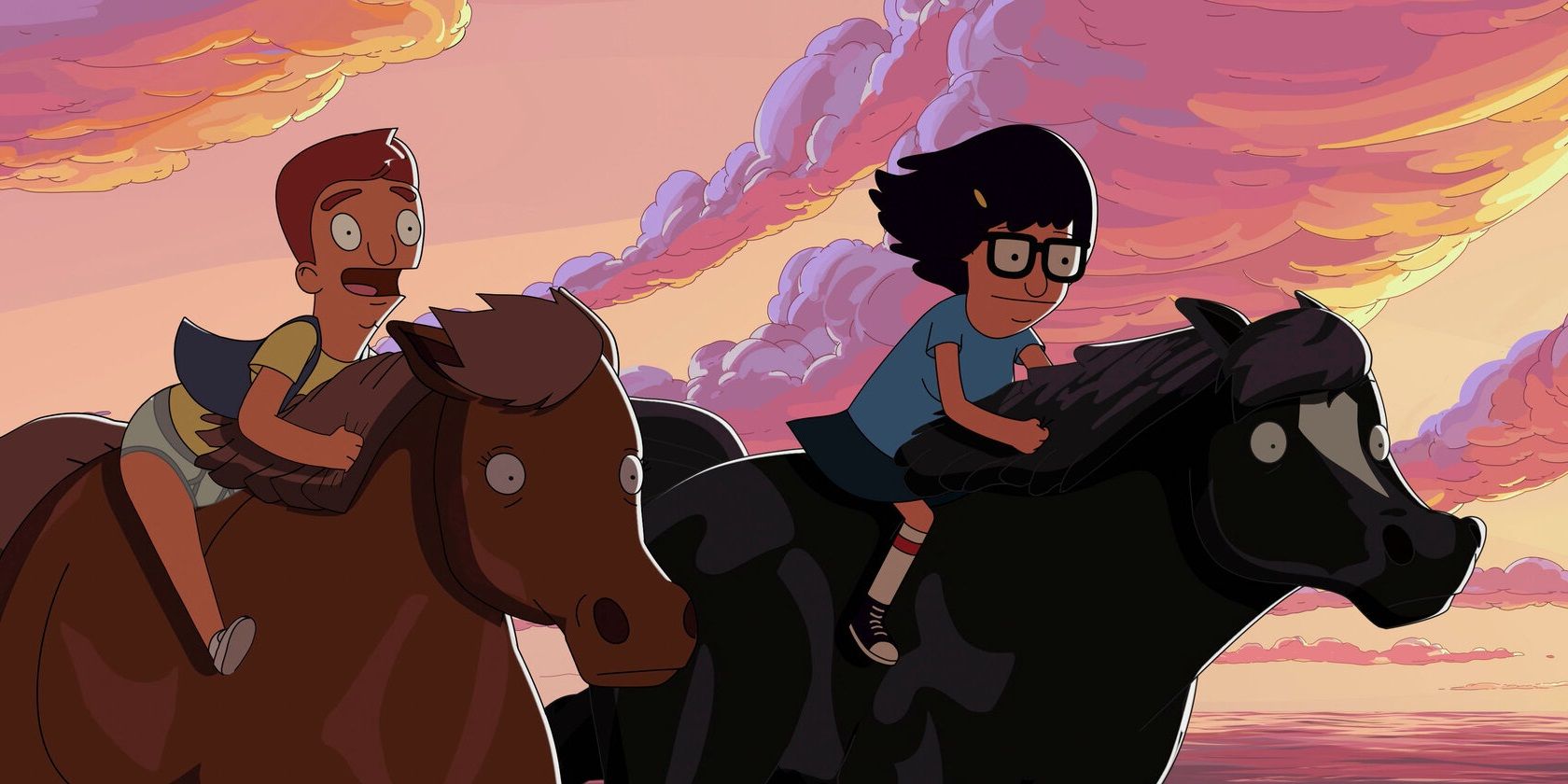 Tina and Jimmy Jr riding horses in Tina's dream in The Bob's Burgers Movie