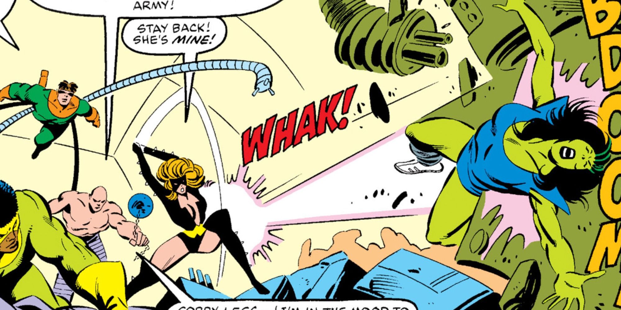 Titania attacks She-Hulk in Marvel Comics.