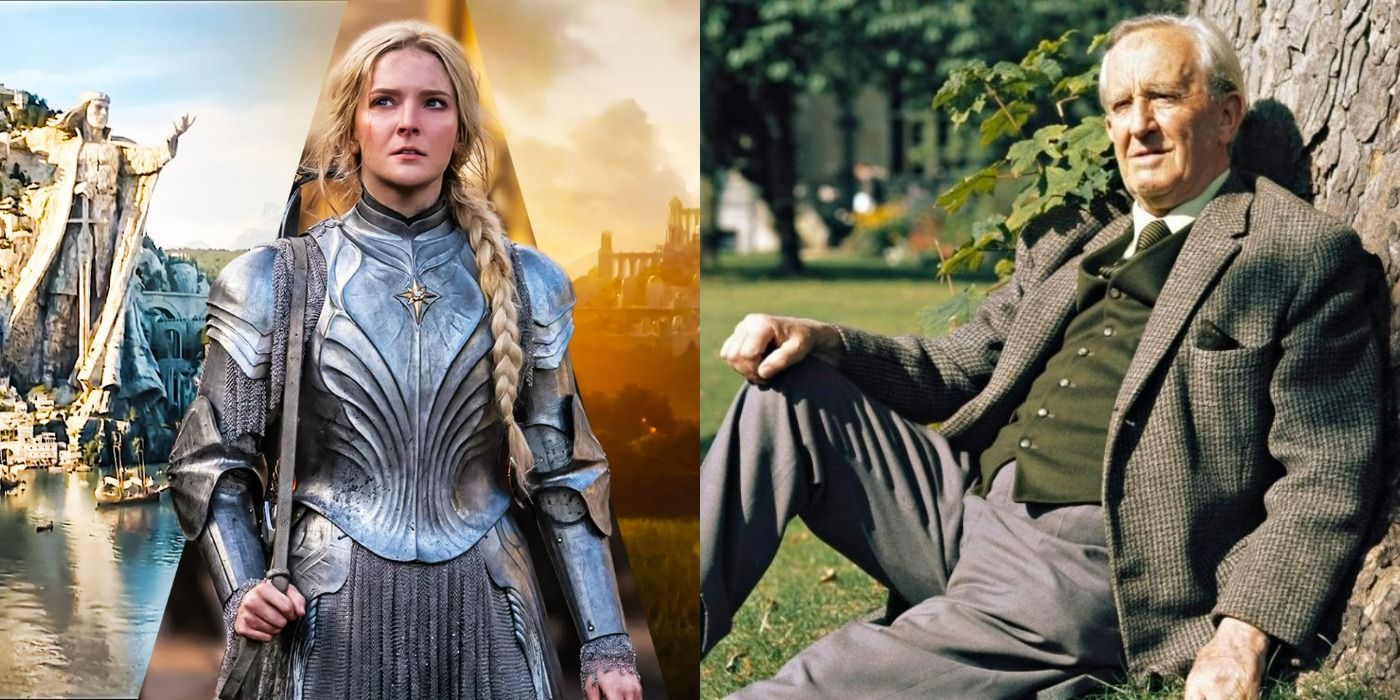 A split image showing Galadriel from The Rings of Power on the left and author JRR Tolkien leaning against a tree on the right. 