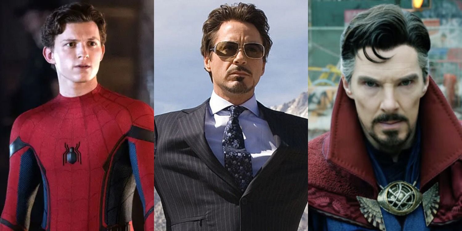 Tom Holland as Peter Parker in Spider-Man Far From Home, Robert Downey Jr as Tony Stark in Iron Man, and Benedict Cumberbatch as Stephen Strange in Doctor Strange in the Multiverse of Madness Split Image