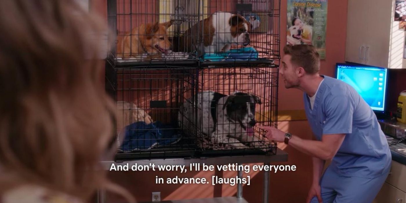 Ted talks to his dogs at the vet on Schitt's Creek