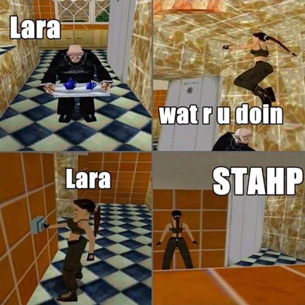 Tomb Raider game meme featuring Lara Croft locking Winston the butler in the freezer