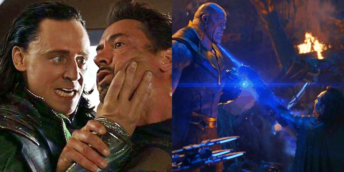 Split Image: Loki choking Tony in Avengers and Thanos controlling Loki in Infinity War