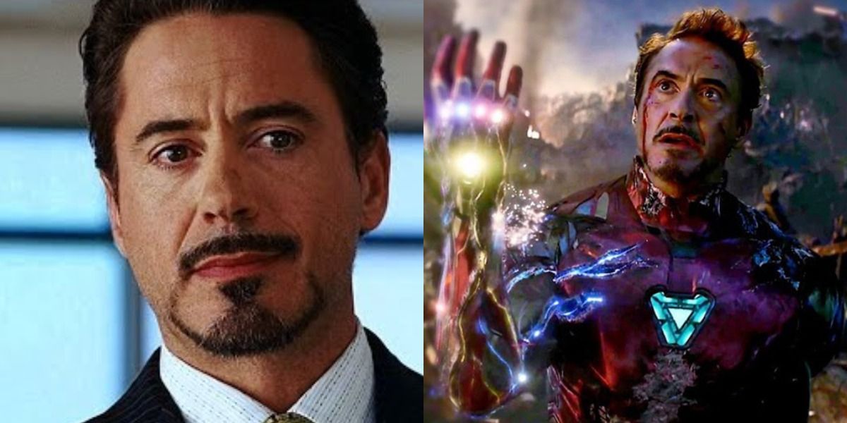 Split image: Tony Stark in Iron Man and snapping infinity stones in Endgame