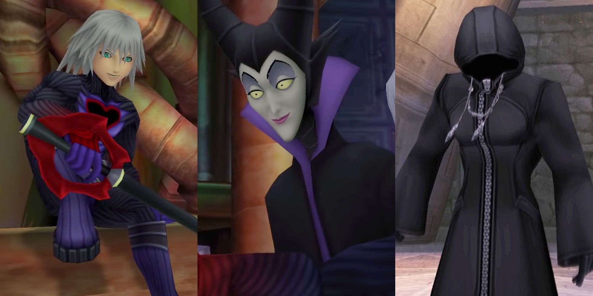 split image of KH1 bosses riku, maleficient and Unkown